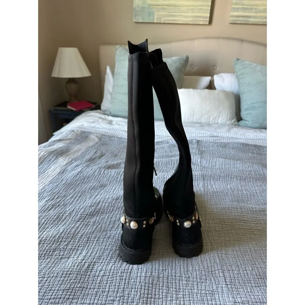 Karl Lagerfeld Paris Knee High Boots Black Leather Studded Pearl Womens 7.5 Lug